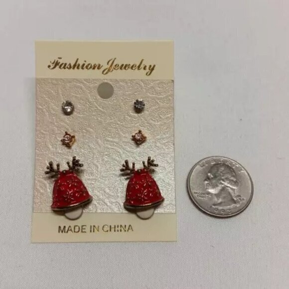 Christmas Fashion Earrings Set Studs 3 Pack Red Bell Holiday Hat Solitaire NWT - Picture 4 of 4